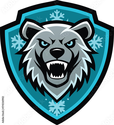 Fierce grizzly bear head emblem with snowflakes