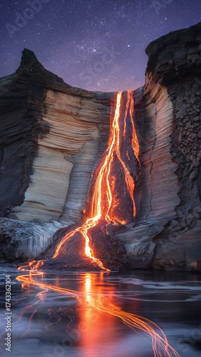Dramatic Night Lava Flow Through Narrow Canyon Under Starry Sky