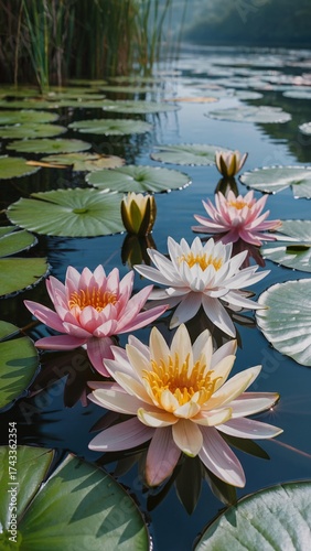Peaceful Water Lilies on a Tranquil Pond With Lily Pads and Soft Morning Light