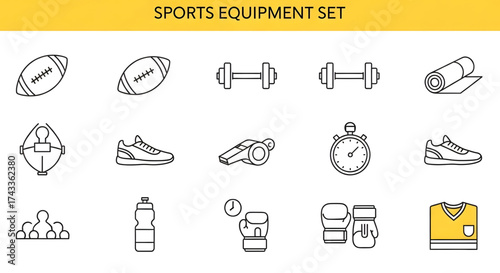 Collection of stylized line art icons representing various sports equipment and athletic gear for fitness and training