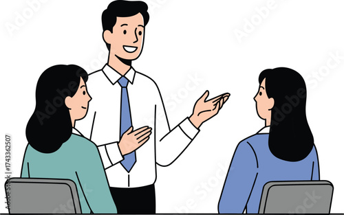 Business meeting discussion, office teamwork collaboration, professional communication, colleagues brainstorming ideas, workplace conversation, leadership guidance, employee engagement