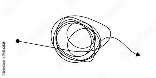 Messy tangle continuous one line drawing of chaos and confusion turning into a clear path and target. Problem solving, goal achievement, and brainstorming process concept in eps 10.