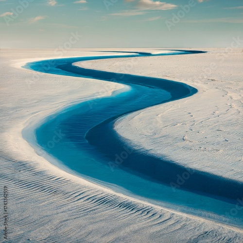 Aerial View of Meandering Blue River Through White Sand Dunes Minimal Abstract Landscape