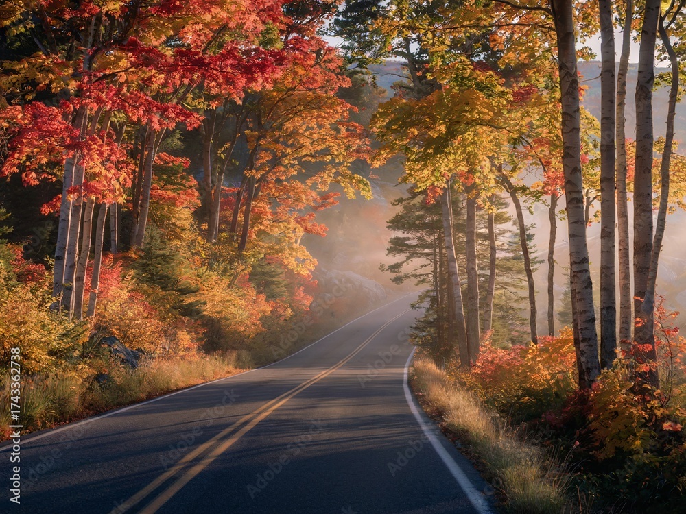 Fototapeta premium Autumn Forest Road With Colorful Leaves and Misty Sunrise Along a Quiet Country Path