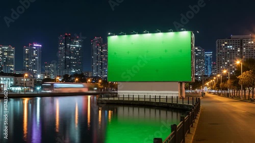 Green billboard by waterfront at night, city skyline background