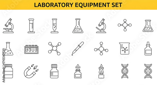 Collection of simple line art icons representing various laboratory equipment and scientific symbols for research and education