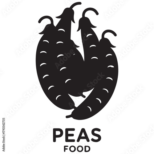 A striking black silhouette of fresh pea pods with the word peas food below