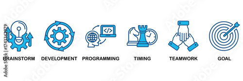 Hackathon icon set In Blue Monochrome Flat Design, Vector Illustration concept relate to icon of design sprint-like social coding event with icon of brainstorm, development, programming, timing, speed