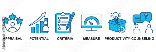 Performance review icon set In Blue Monochrome Flat Design, Vector Illustration concept relate to icon of employee job performance evaluation with an icon of appraisal, potential, criteria, measure, p