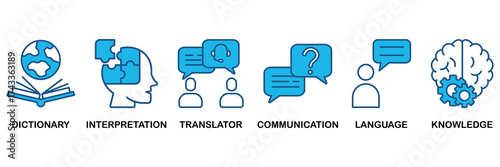 Translation icon set In Blue Monochrome Flat Design, Vector Illustration concept relate to icon of dictionary, interpretation, translator, communication, language, and knowledge