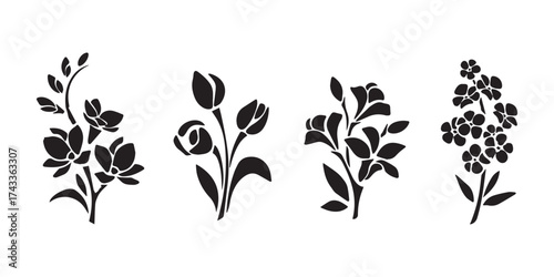 Set of flowers. Black silhouettes of flowers (freesia, tulips, alstroemeria, and forget-me-not flowers).