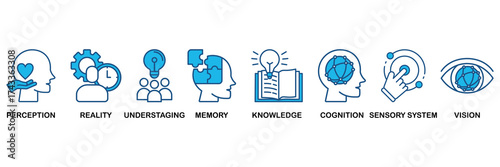 Perception icon set In Blue Monochrome Flat Design, Vector Illustration concept relate to icon of perception, reality, understaging, memory, knowledge, cognition, sensory system, vision