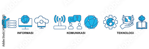 ICT icon set In Blue Monochrome Flat Design, Vector Illustration concept relate to icon of information and communications technology with icon of antenna, radio, network, website, database, cloud, ser