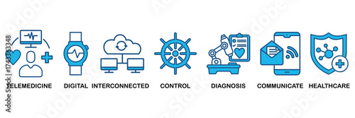 Digital health icon set In Blue Monochrome Flat Design, Vector Illustration concept relate to icon of technology in medical healthcare with icon of e-health, telemedicine, interconnected, smart watch,