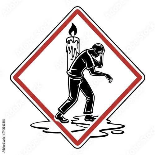 Warning sign of burnout syndrome, a man with a candle, mental health concept