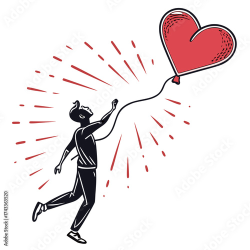 Man reaching for a heart shaped balloon with rays of light