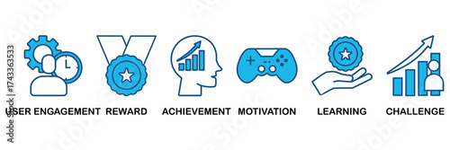 Gamification icon set In Blue Monochrome Flat Design, Vector Illustration concept relate to icon of user engagement, reward, achievement, motivation, learning, and challenge