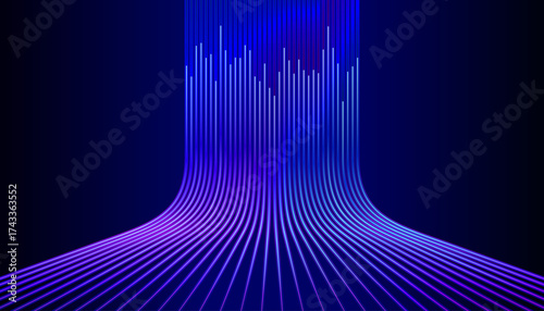 Futuristic abstract background showing a data flow waterfall. Glowing blue and purple lines symbolize high-speed internet, fiber optics, and big data processing.