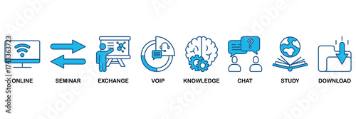 E-learning icon set In Blue Monochrome Flat Design, Vector Illustration concept relate to icon of online, seminar, exchange, voip, knowledge, chat, study and download