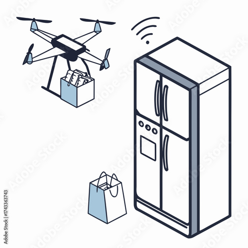 Drone delivering groceries to smart refrigerator, modern technology concept