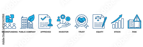 Ipo icon set In Blue Monochrome Flat Design, Vector Illustration concept relate to icon of initial public offering with icon of crowdfunding, public company, approved, investor, trust, equity, stock a