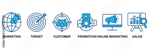 Advertising icon set In Blue Monochrome Flat Design, Vector Illustration concept relate to icon of marketing, target, customer, promotion, online marketing, and sales