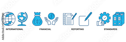 Ifrs icon set In Blue Monochrome Flat Design, Vector Illustration concept relate to icon of international financial reporting standards with icon of global, network, money, documents, books, and writi