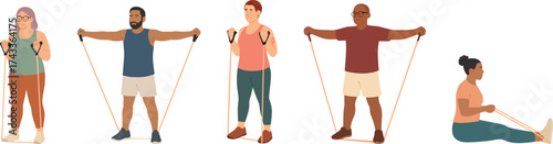 A diverse group of people using resistance bands for a variety of exercises, promoting fitness and strength training.