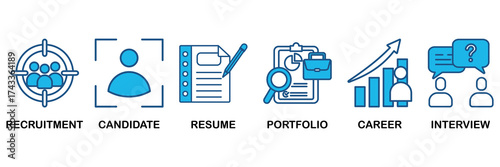 Recruitment icon set In Blue Monochrome Flat Design, Vector Illustration concept relate to icon of headhunting, candidate, resume, portfolio, career, interview