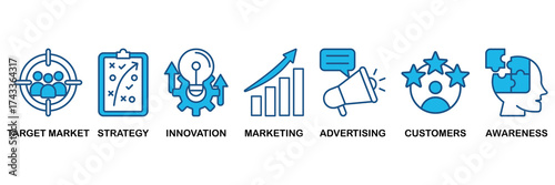 Brand icon set In Blue Monochrome Flat Design, Vector Illustration concept relate to icon of target market, strategy, innovation, marketing, advertising, customers, and awareness
