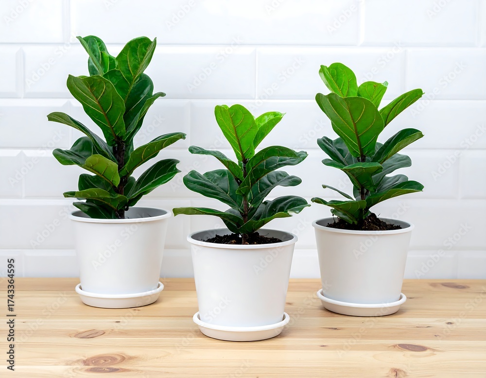 Obraz premium Three fig plants in white pots sit on a wooden surface against a white tiled wall, well-lit, close-up