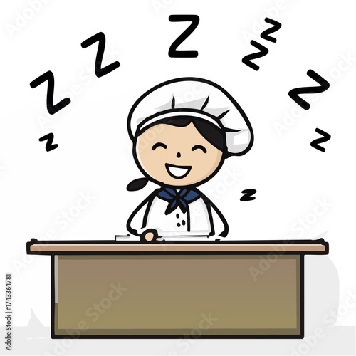 Cartoon chef with a cheerful expression dozes off at a kitchen counter, surrounded by sleep-indicating z's in a simple, flat illustration style with a white background.