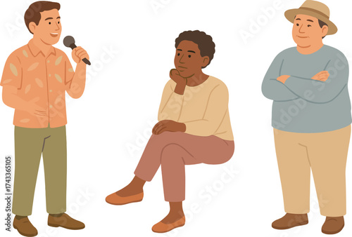 A diverse group of people engaged in a conversation or speech, showing various attitudes such as speaking, listening, and reflecting.