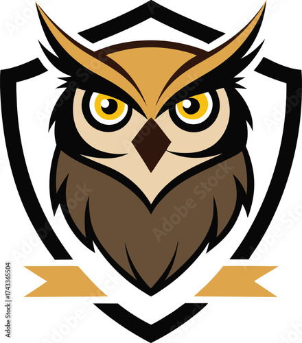 Wise owl emblem with shield and banner