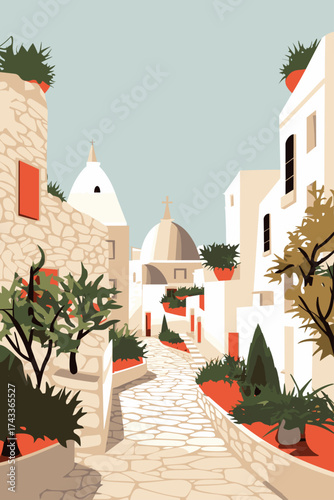 Alberobello, Italy town illustrated poster in retro style. Vintage vector travel booklet, brochure, postcard, print, cover with panoramic view, street, houses