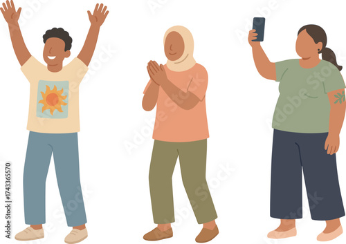 A group of people enjoying a moment of celebration, with one cheering, another clapping, and the third capturing the moment on a phone.