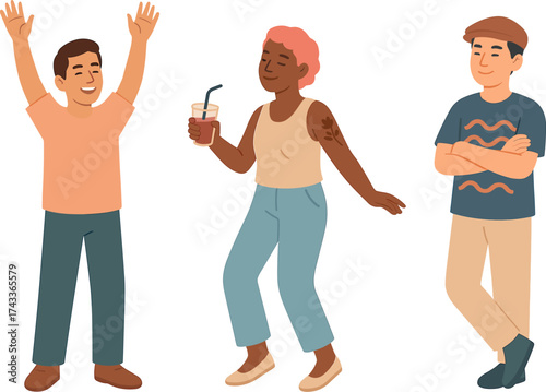 A group of people enjoying a lively moment, with one celebrating, another dancing, and the third observing.