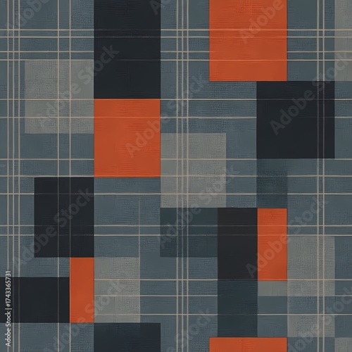 Modern geometric pattern with bold orange and navy squares layered on a textured plaid, perfect for backgrounds, textiles, and stylish design projects