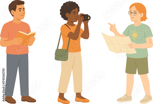 A group of people engaging in travel activities: one reading a guidebook, another capturing photos, and the third navigating with a map.