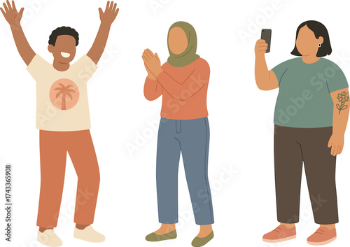 A joyful group of people celebrating, with one cheering, another clapping, and the third taking a photo.