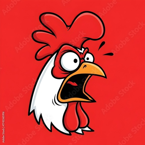 Hilarious cartoon rooster screaming with comical expression on bright red background, perfect for funny animal designs and vibrant kid-friendly projects