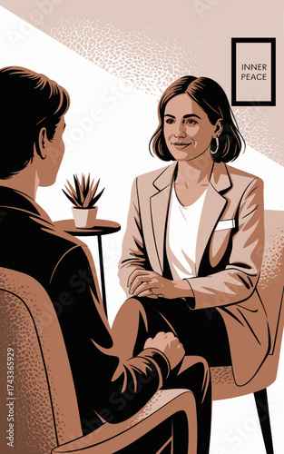 Professional Psychotherapist Consulting Patient in Counseling Session - Mental Health Therapy, Inner Peace, Modern Office Setting, Illustration Style. Business Professionalism and Wellness Concept, Em