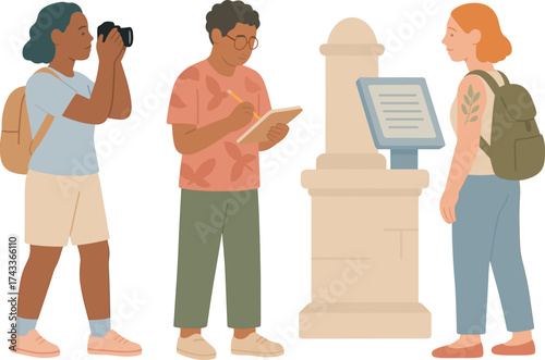 A group of tourists exploring a historical site, with one taking photos, another sketching, and the third reading an informational plaque.