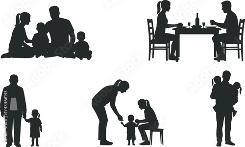 Family silhouettes showing parenting, bonding, everyday life, emotional connection, dining, sitting, caring, black figures, isolated, lifestyle concept, white background