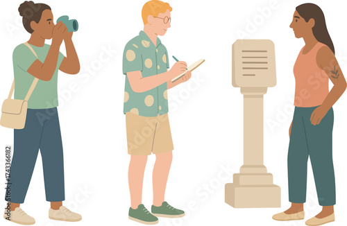 A group of tourists exploring a historical landmark, with one taking photos, another writing notes, and the third reading an informative plaque.