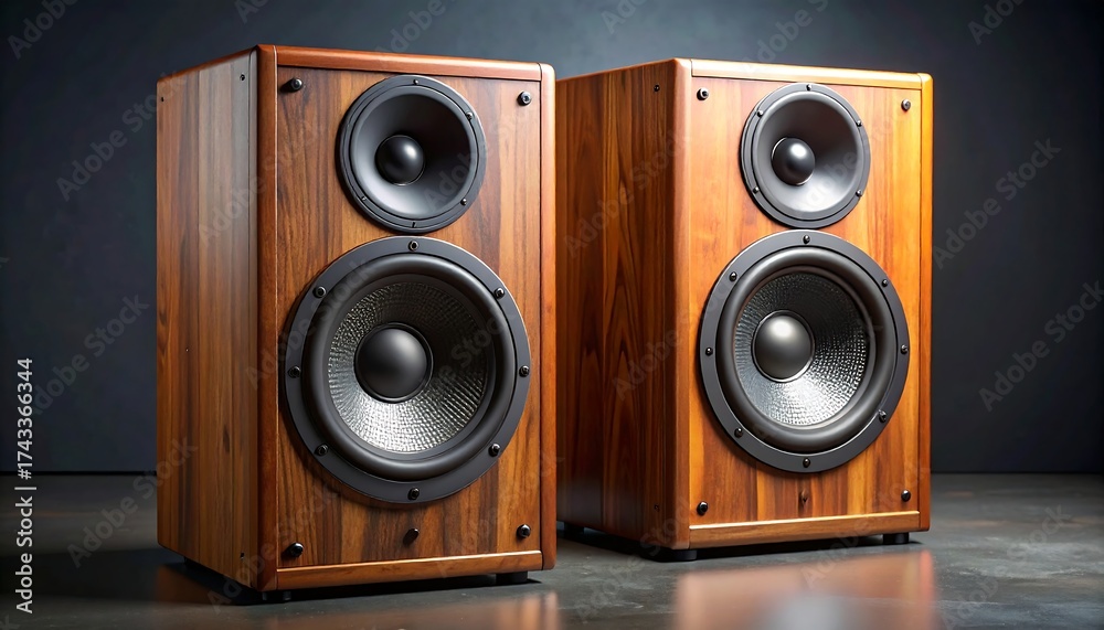 Fototapeta premium Two wooden speakers with black drivers sit on a dark surface against a blurred dark gray backdrop