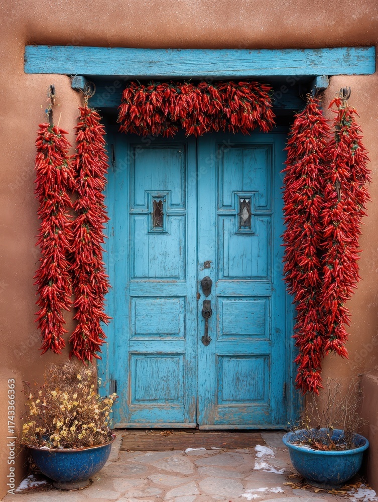 Naklejka premium Santa Fe, New Mexico: Chile Ristras Decking Doors for Holiday Season Decor