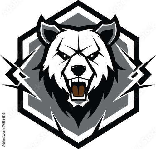 Aggressive bear head emblem with lightning bolts