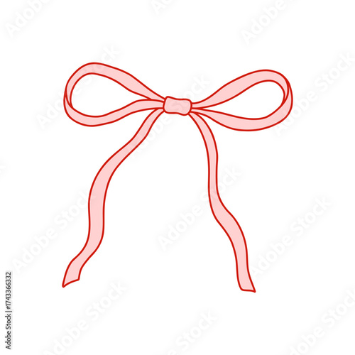 Whimsical coquette pink bow ribbon with red outline. Cute and elegant design element for Valentines Day, packaging, greeting cards, scrapbooking, feminine branding, and decorations. Vector art