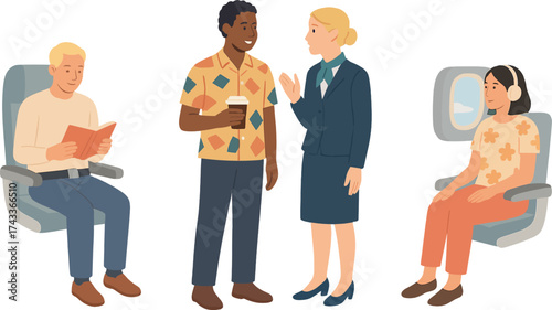 A group of people on an airplane, with one reading a book, another talking to a flight attendant, and a third relaxing with headphones.